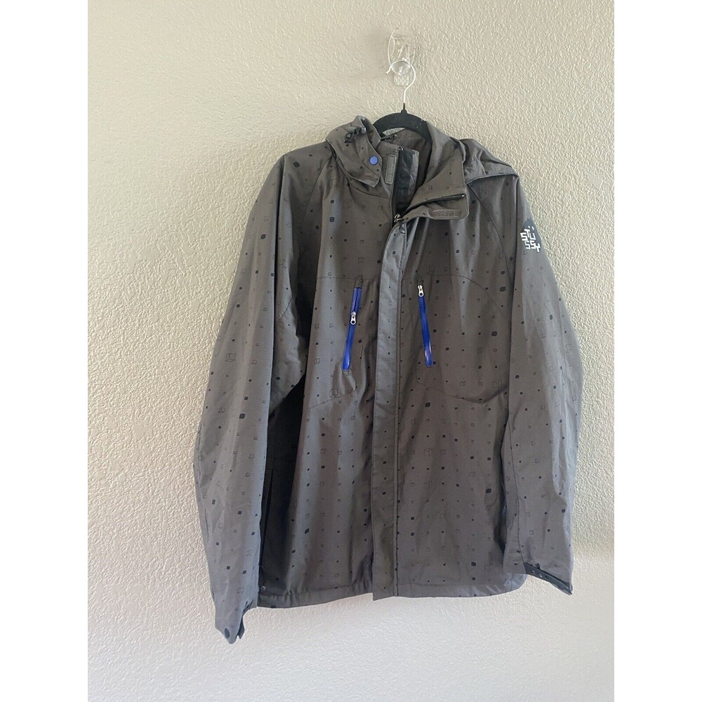 STUSSY PARKA JACKET MENS XL GRAY CUBE GEOMETRIC HOODED RAIN SNOWBOARD FULL ZIP